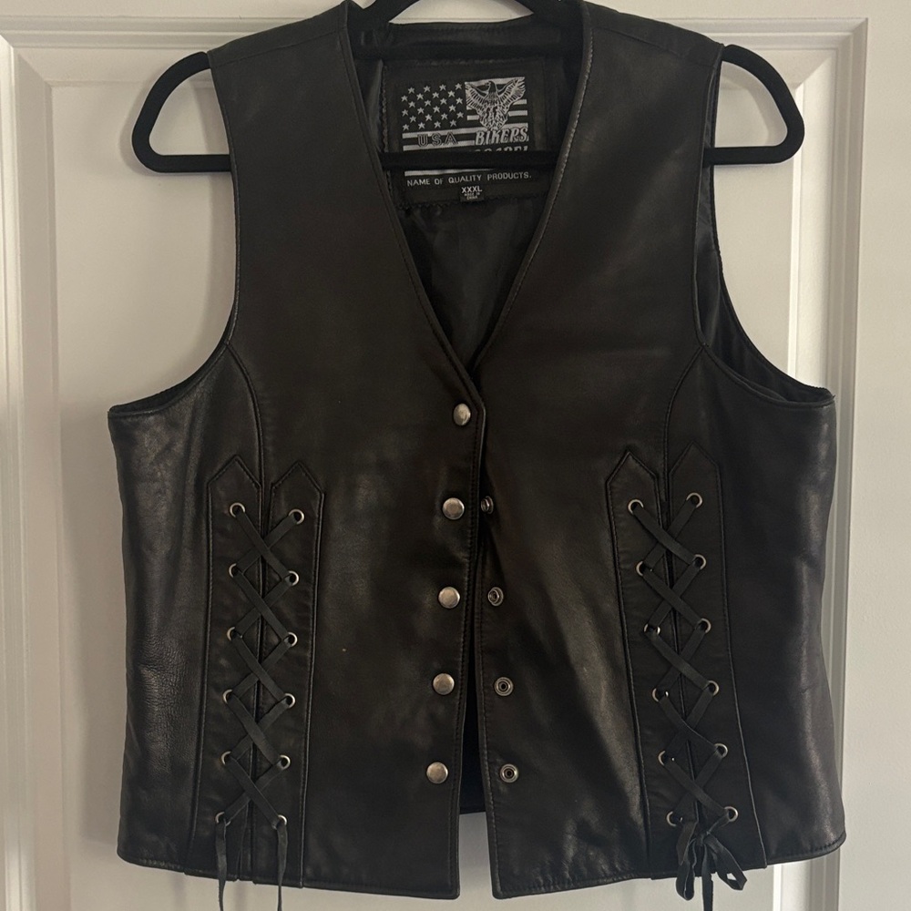 Black Leather Biker Vest with Eagle Patch